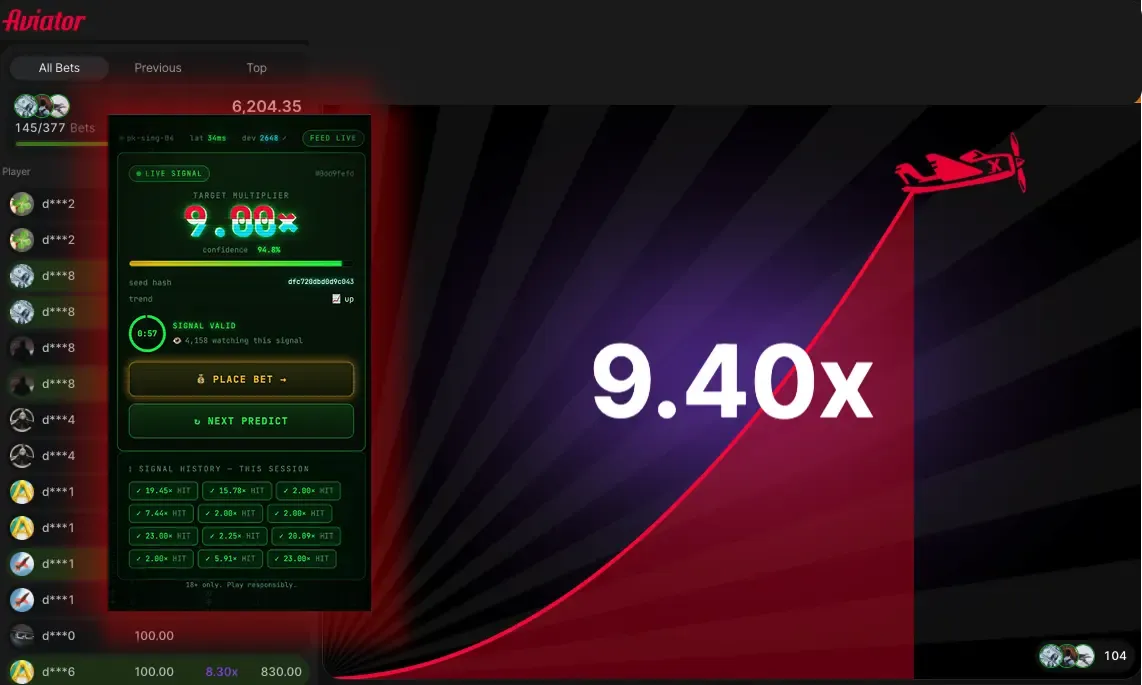 AVIATOR-X Terminal target card shown next to an Aviator round at 9.40x