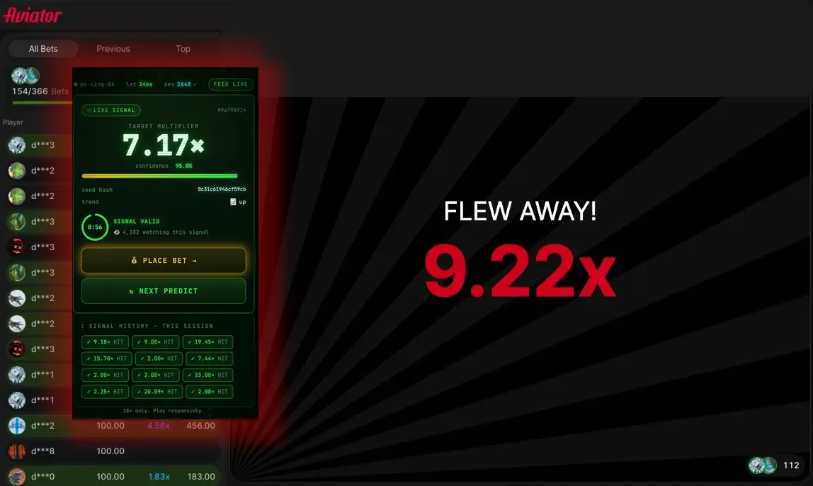 AVIATOR-X Terminal interface beside an Aviator round that ended at 9.22x